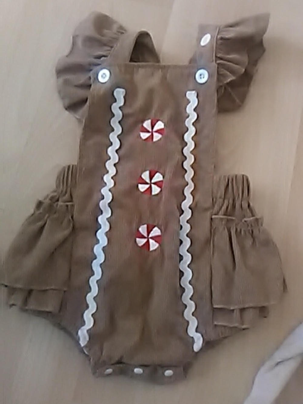 PatPat Brown Gingerbread Ruffle Romper with Peppermint Buttons